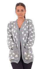 Womens Heart Print Cardigan Open Front Knitted Long Sleeve Casual Black White S-3XL