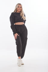 Ladies Solid Cropped Sweatshirt-Joggers Set