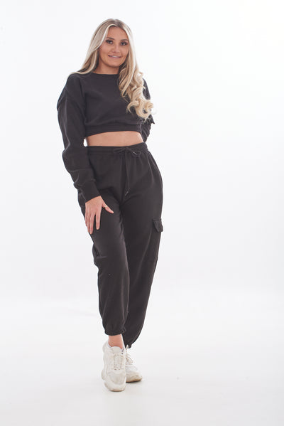 Ladies Solid Cropped Sweatshirt-Joggers Set