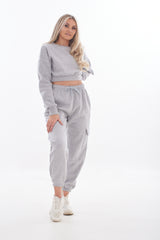 Ladies Solid Cropped Sweatshirt-Joggers Set