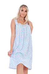 Womens Floral Nightdress Cotton Sleeveless Lace Trim Nightie Blue Comfortable M-5XL