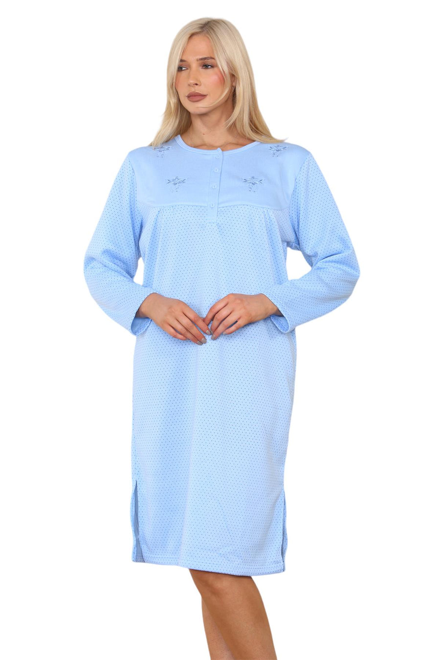 Women Thermal Nightwear Polka Dot Button Winter Nightie