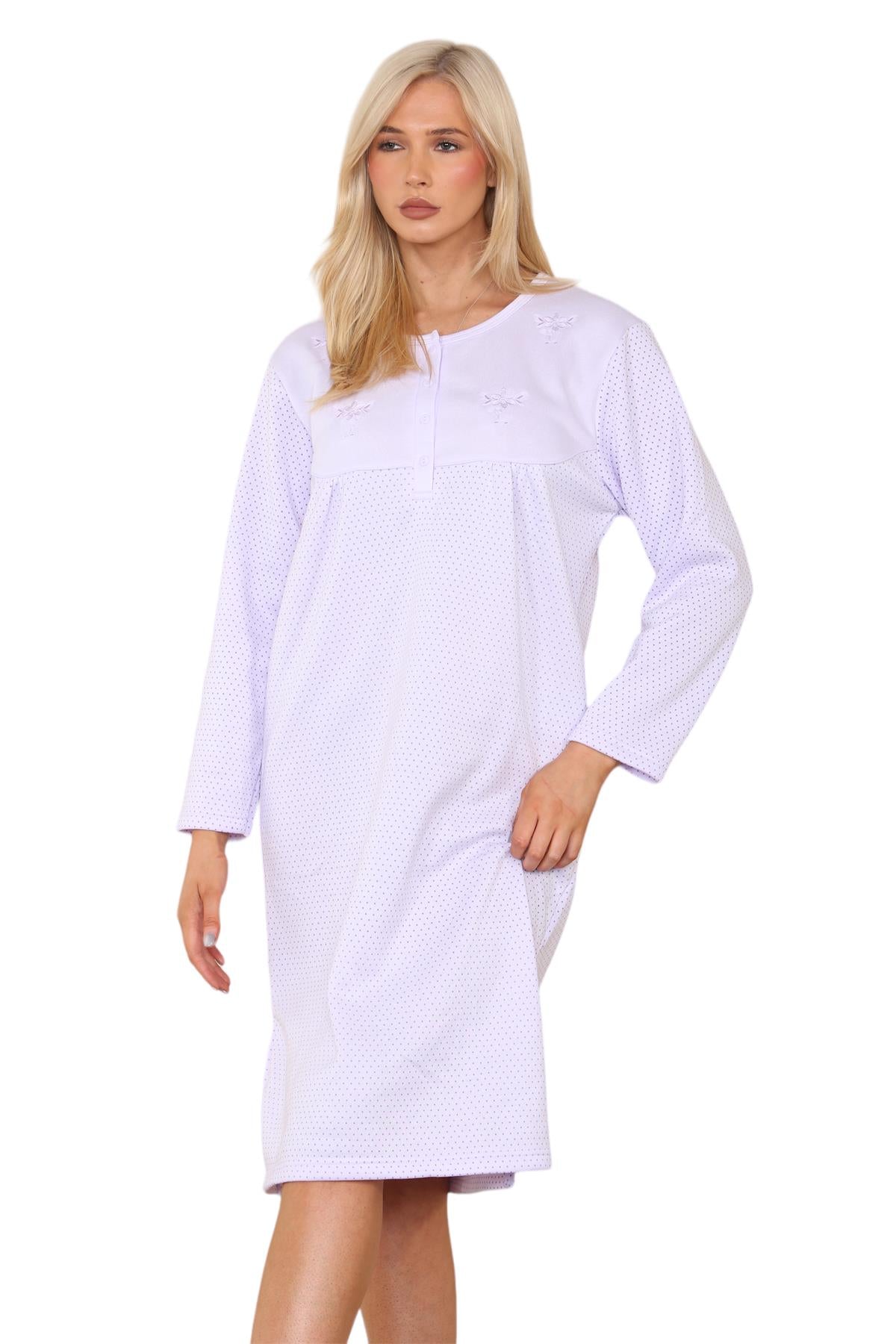 Women Thermal Nightwear Polka Dot Button Winter Nightie