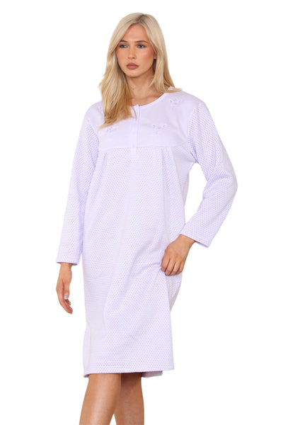 Women Thermal Nightwear Polka Dot Button Winter Nightie