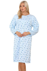 Women Thermal Nightwear Floral Print Button Winter Nightie