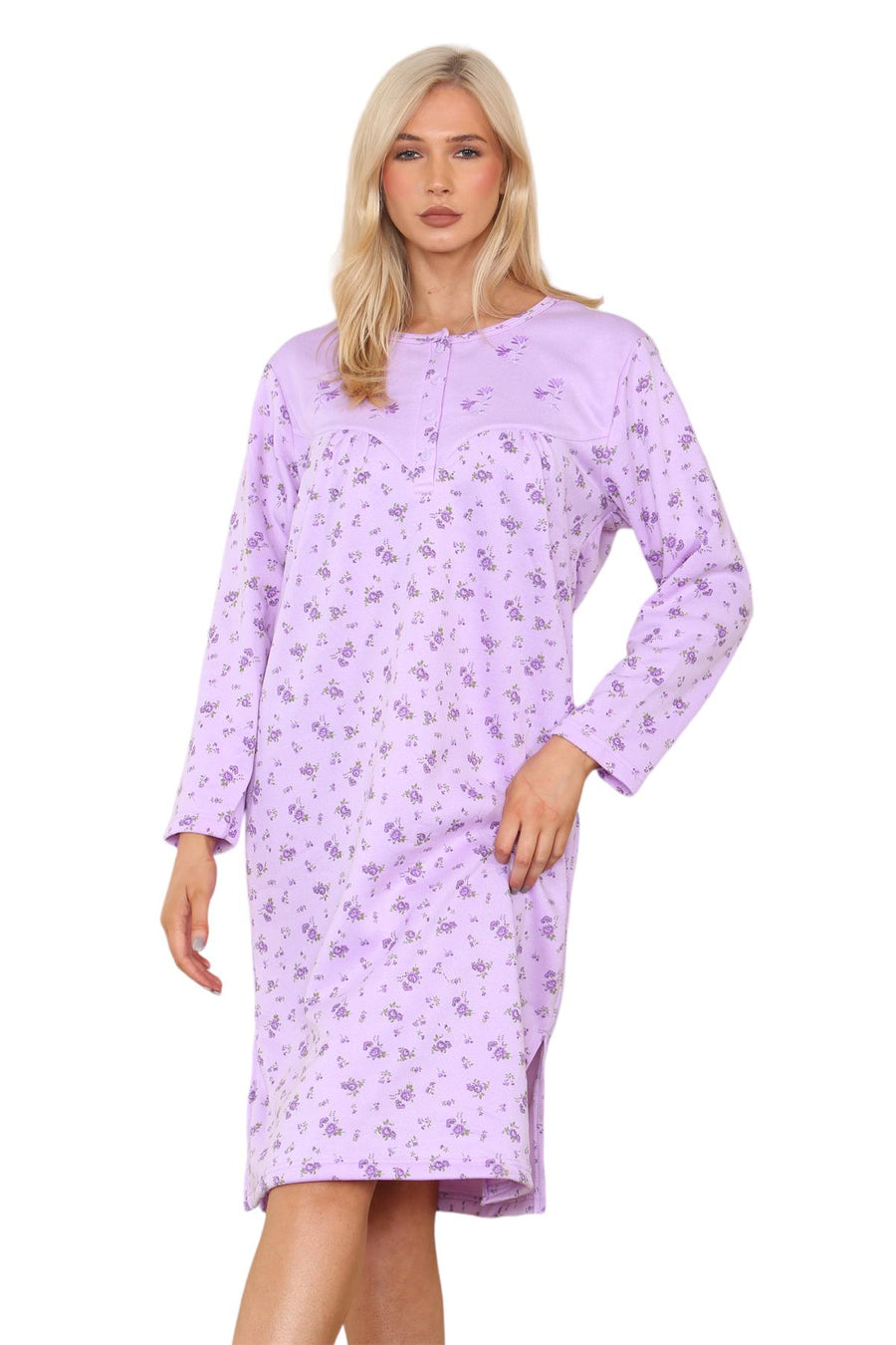 Women Thermal Nightwear Floral Print Button Winter Nightie