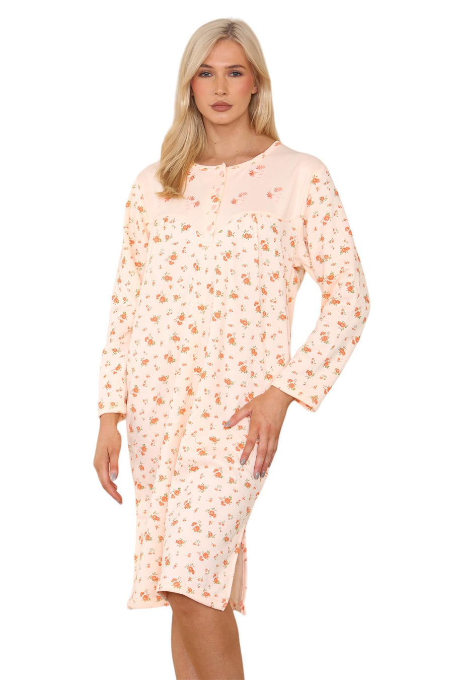 Women Thermal Nightwear Floral Print Button Winter Nightie