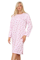 Women Thermal Nightwear Floral Print Button Winter Nightie