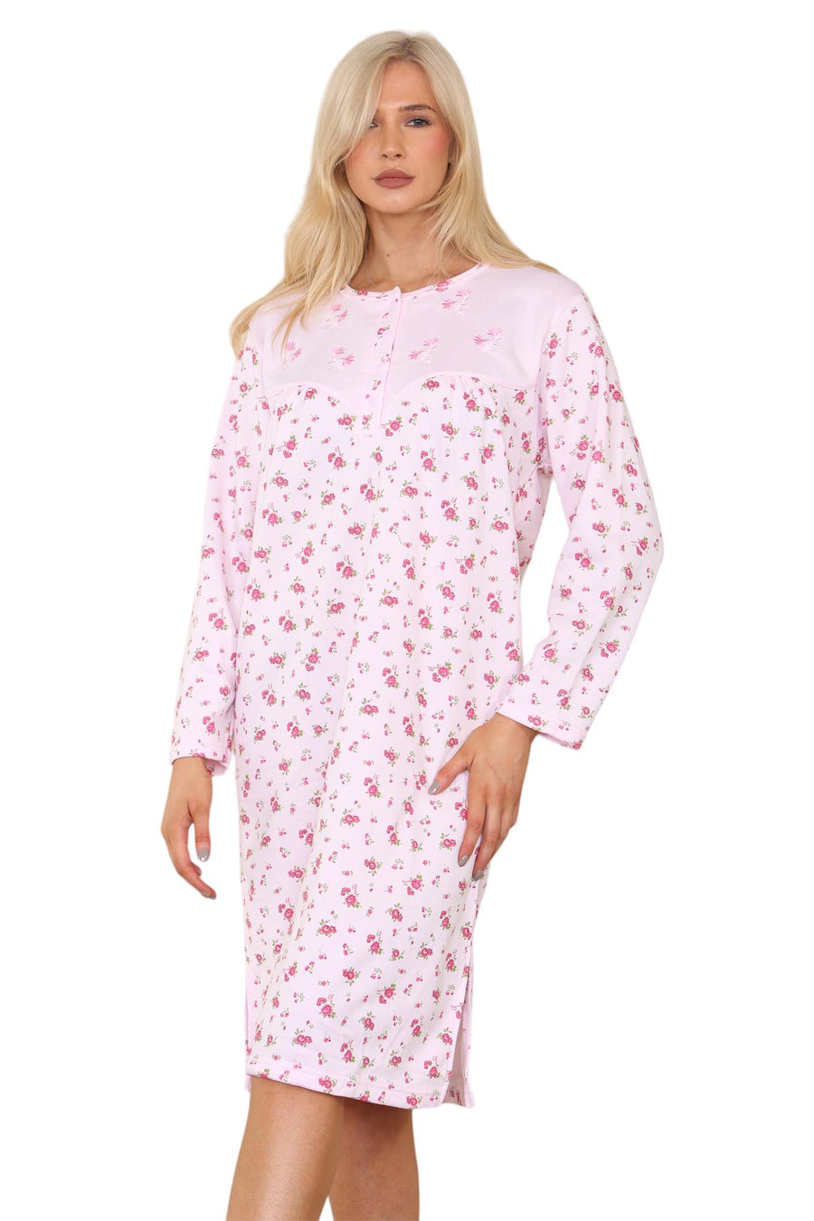 Women Thermal Nightwear Floral Print Button Winter Nightie