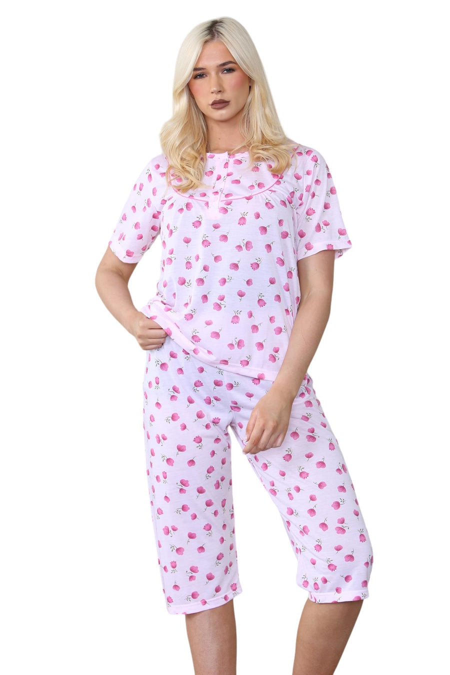 Womens Floral Capri PJs Tulip Crew Neck