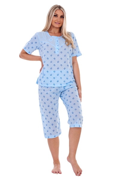 Womens Cotton Pyjama Set Short Sleeve Top & Cropped Pants Blue Comfortable Nightwear M