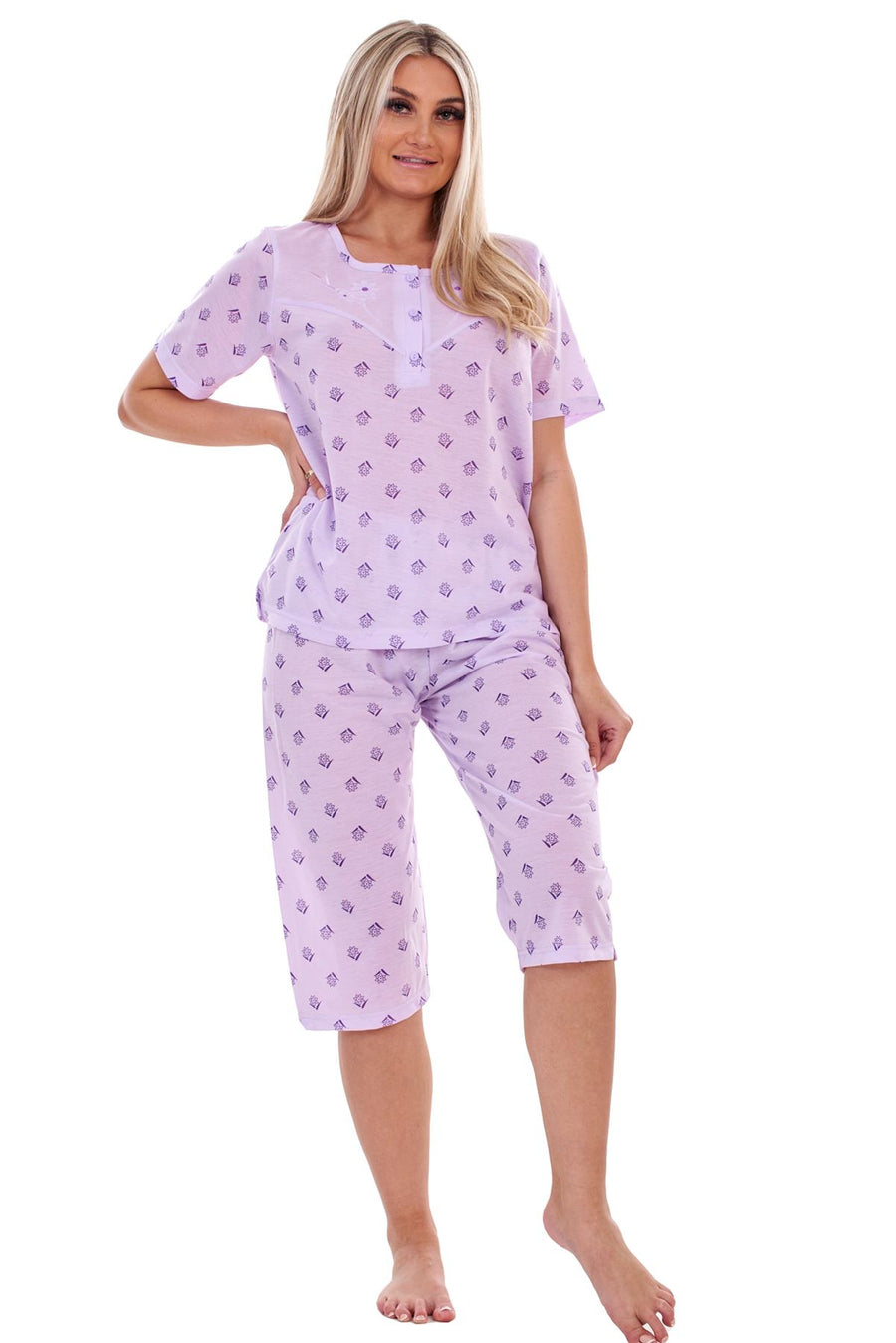 Womens Cotton Pyjama Set Short Sleeve Top & Cropped Pants Blue Comfortable Nightwear M