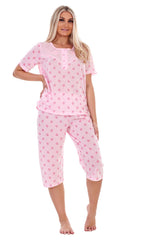 Womens Cotton Pyjama Set Short Sleeve Top & Cropped Pants Blue Comfortable Nightwear M