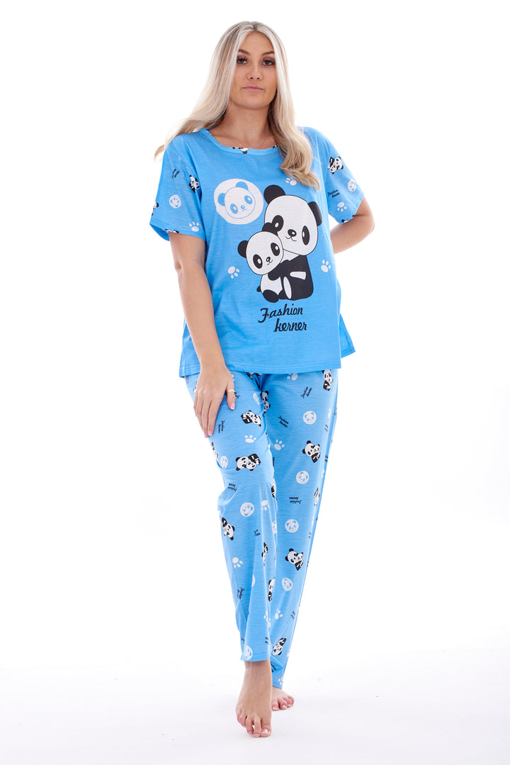 Women’s Panda Print Short Sleeve Pyjama Set – Ladies Top & Bottoms Nightwear Loungewear Sizes M–XXL