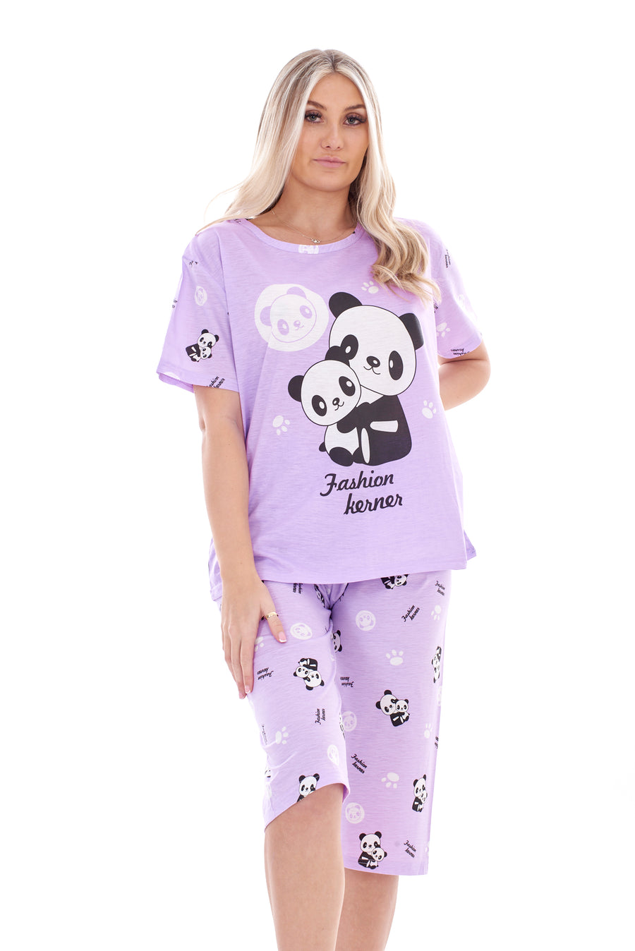 Women’s Panda Print Short Sleeve Pyjama Set with Knee Length Shorts – Ladies Summer Nightwear Loungewear Sizes M–XXL