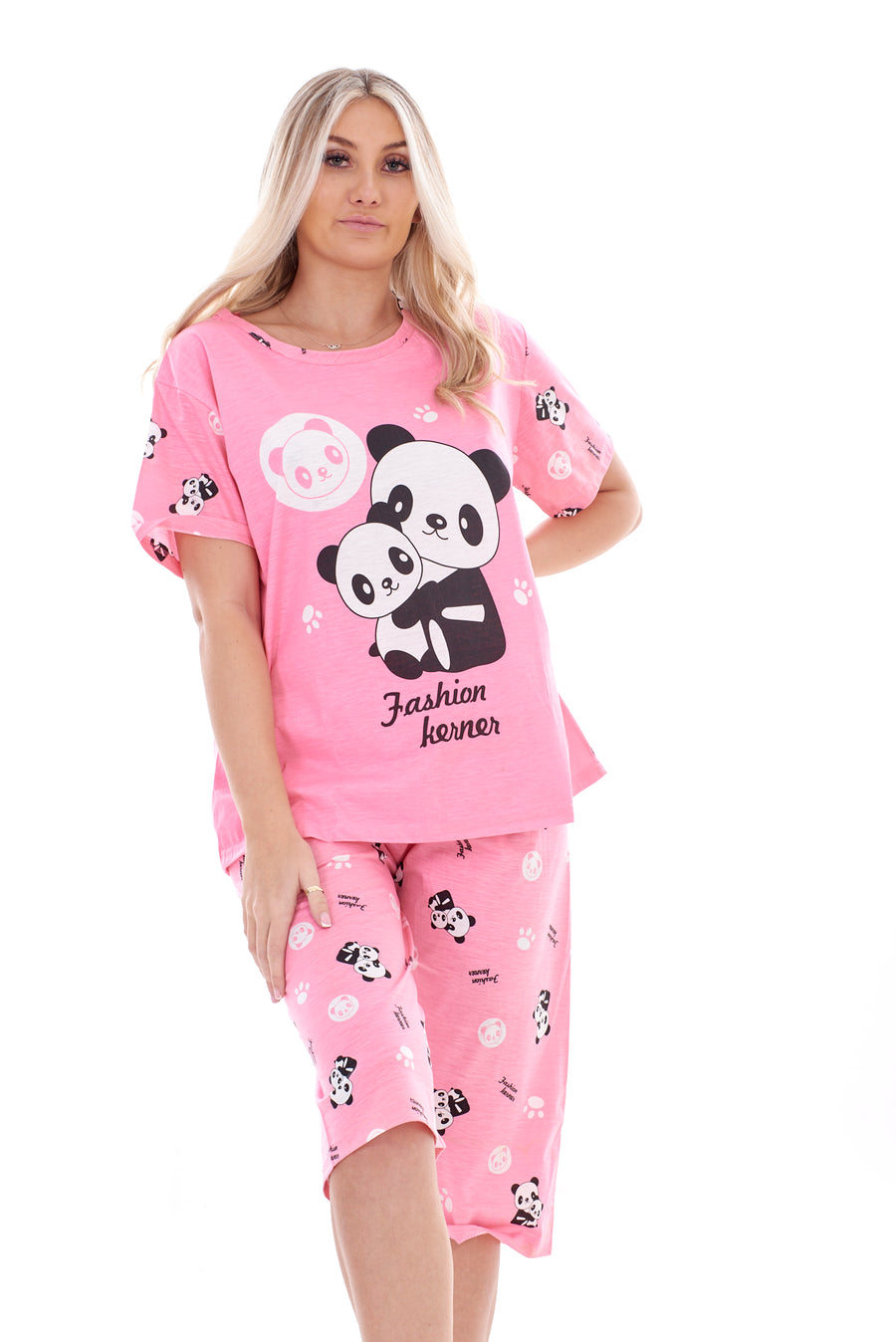 Women’s Panda Print Short Sleeve Pyjama Set with Knee Length Shorts – Ladies Summer Nightwear Loungewear Sizes M–XXL