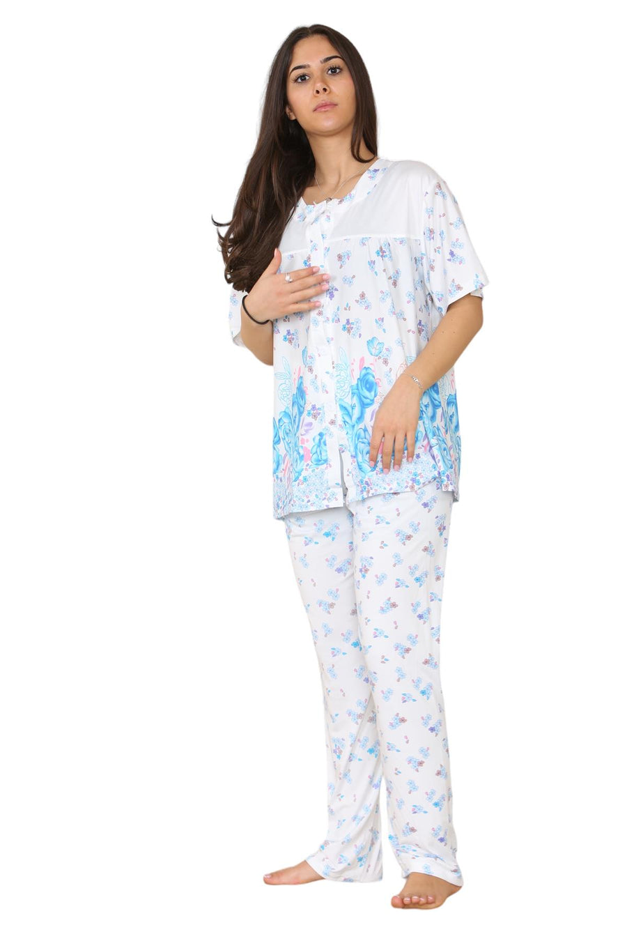 Ladies Short Sleeve Buttons Floral Nightwear Loungewear