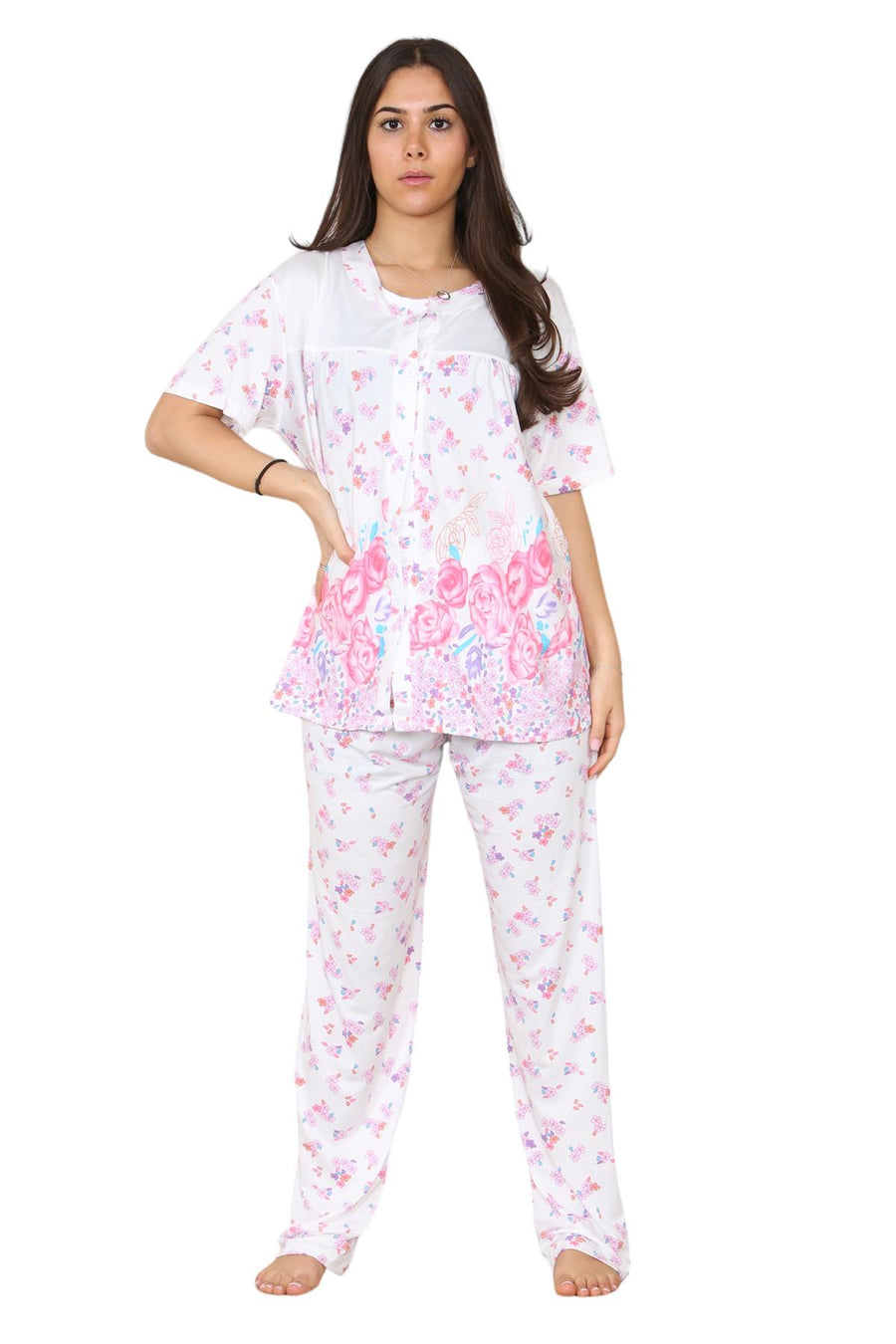 Ladies Short Sleeve Buttons Floral Nightwear Loungewear