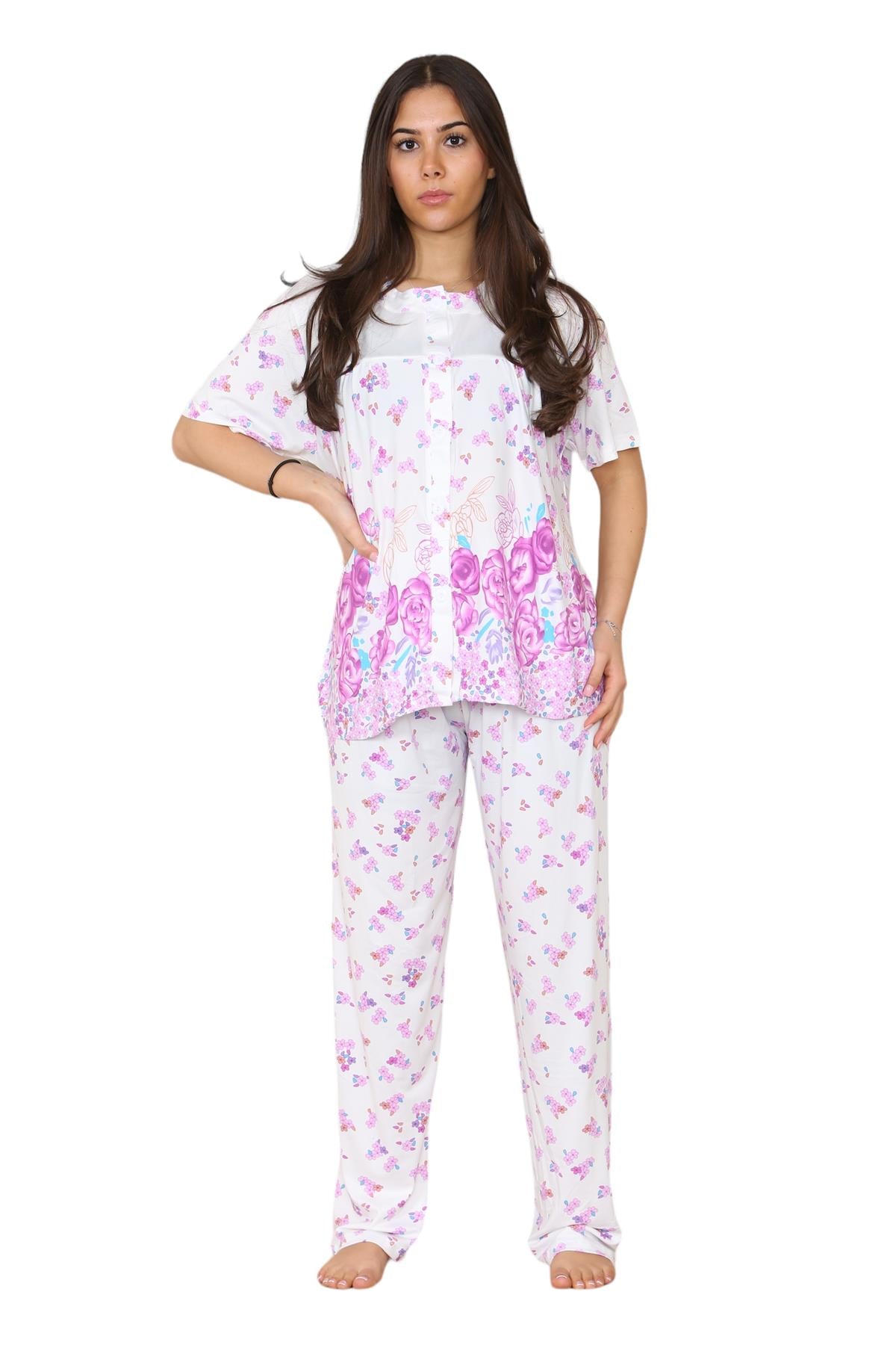 Ladies Short Sleeve Buttons Floral Nightwear Loungewear