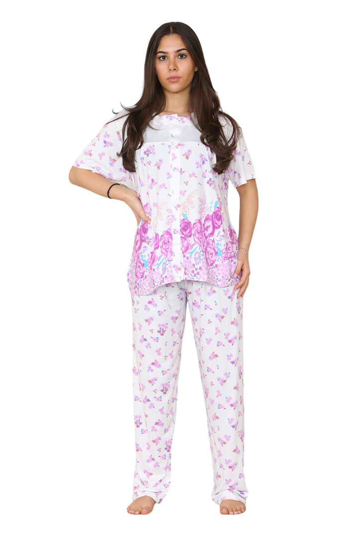 Ladies Short Sleeve Buttons Floral Nightwear Loungewear