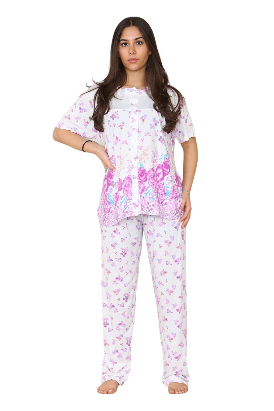 Ladies Short Sleeve Buttons Floral Nightwear Loungewear