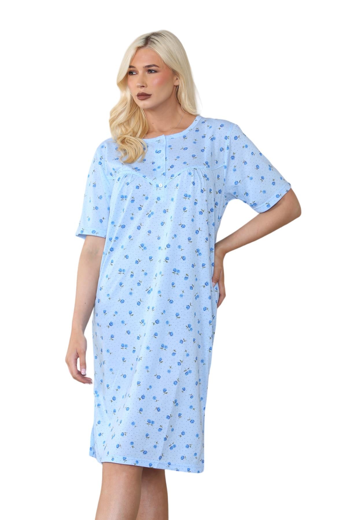 Womens Floral Buttoned Nightdress Short Sleeve