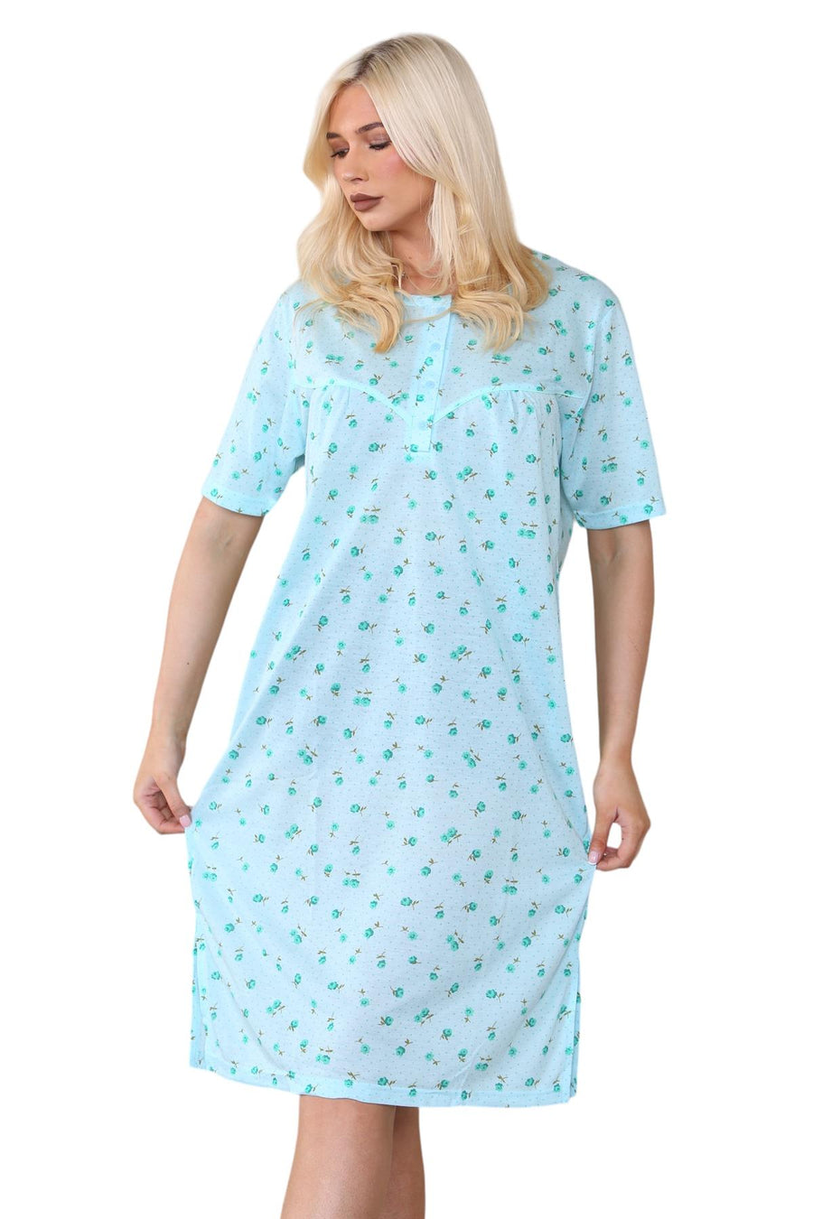 Womens Floral Buttoned Nightdress Short Sleeve