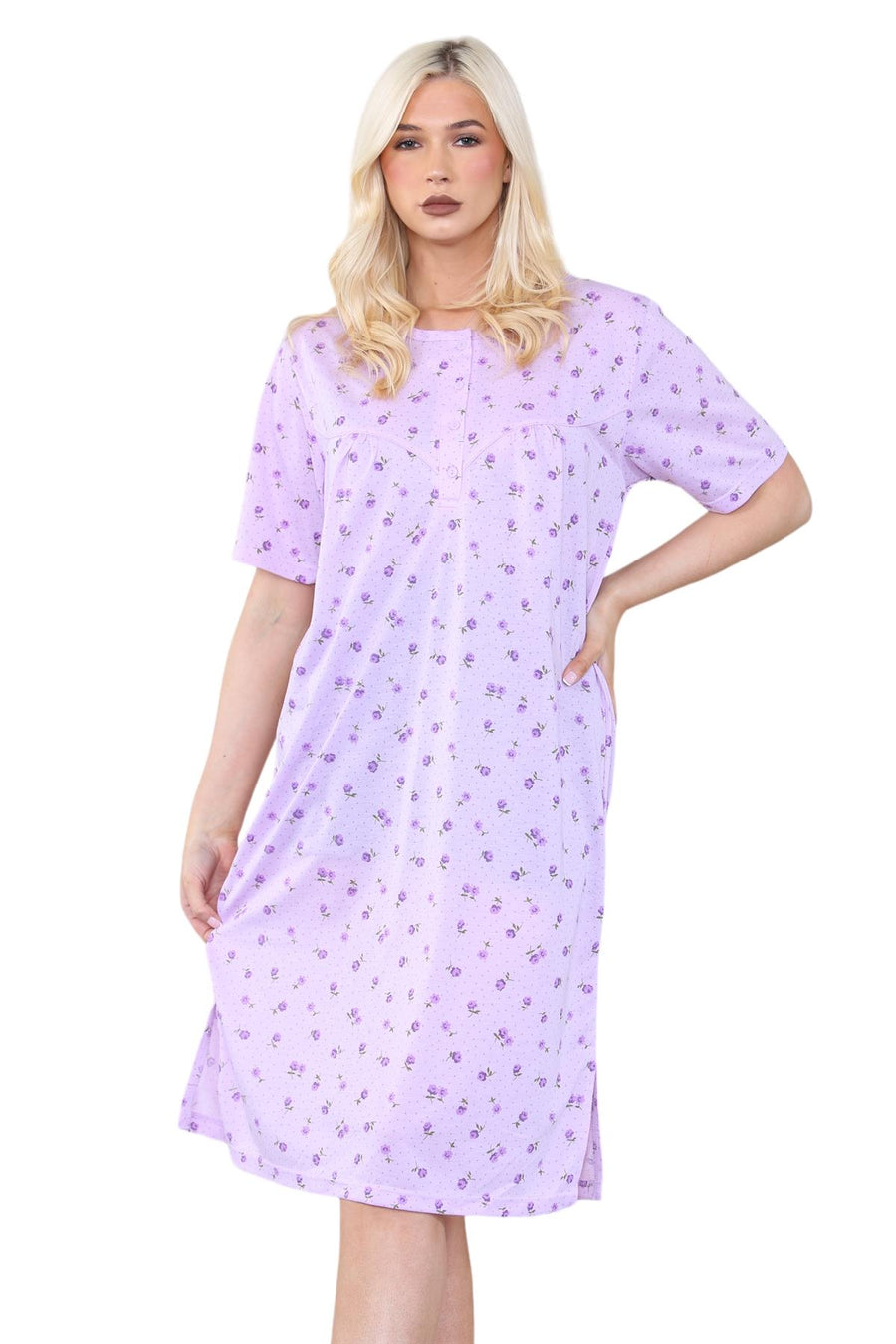 Womens Floral Buttoned Nightdress Short Sleeve