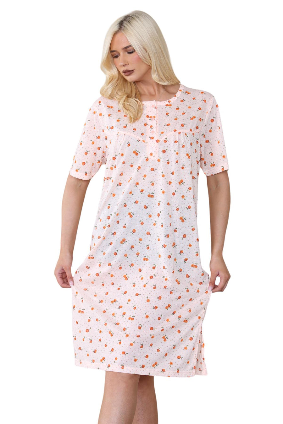 Womens Floral Buttoned Nightdress Short Sleeve