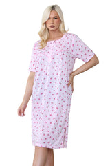 Womens Floral Buttoned Nightdress Short Sleeve