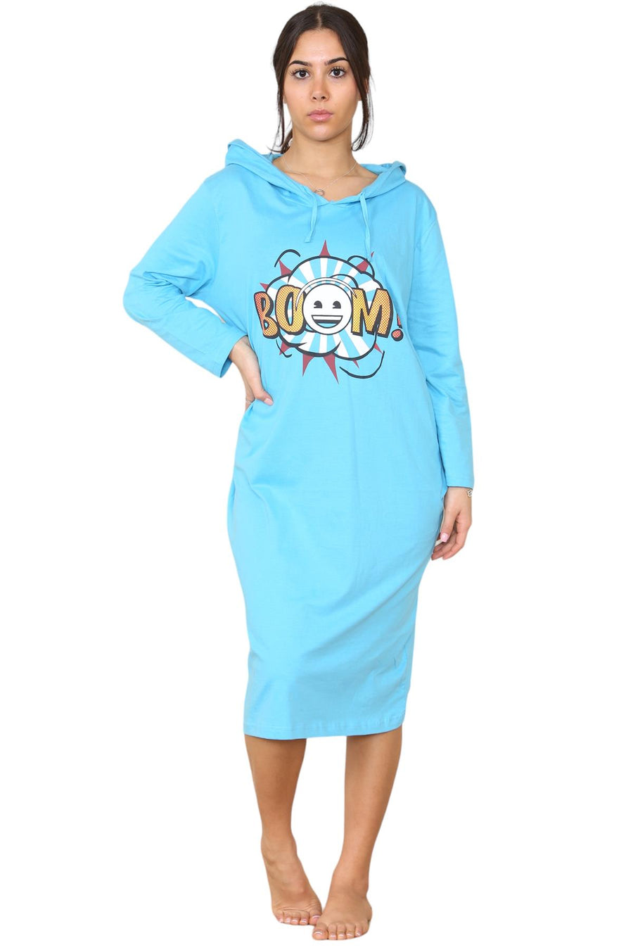 Womens Cotton Hooded Nightdress Long Sleeve
