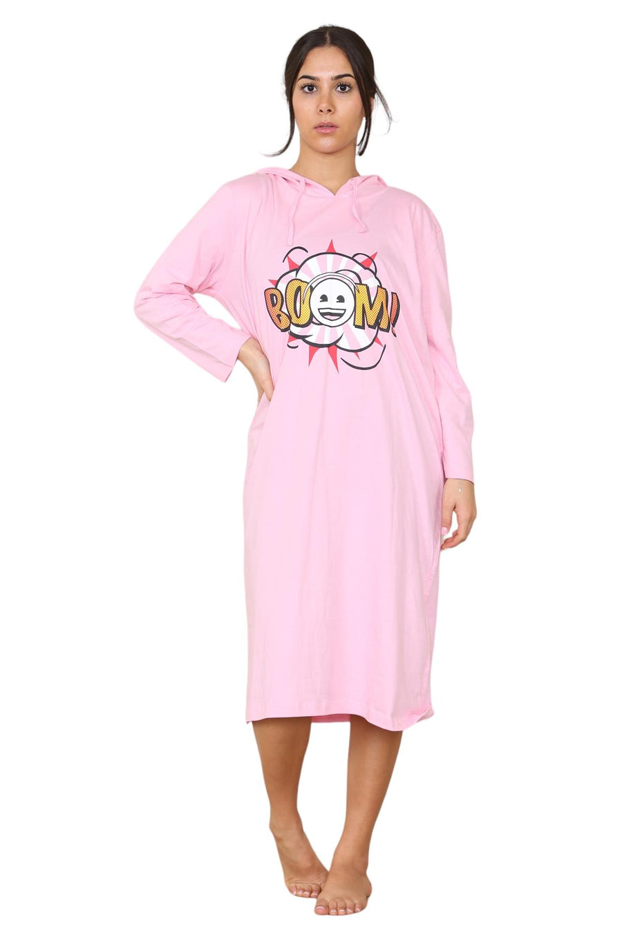 Womens Cotton Hooded Nightdress Long Sleeve