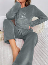 Ladies Flannel Fleece Pyjama Set Teddy or Cloud Print Soft Warm Winter Loungewear