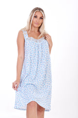 Womens Floral Nightdress Cotton Sleeveless Lace Trim Nightie Blue Comfortable M-5XL