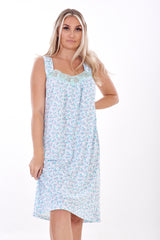 Womens Floral Nightdress Cotton Sleeveless Lace Trim Nightie Blue Comfortable M-5XL