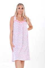 Womens Floral Nightdress Cotton Sleeveless Lace Trim Nightie Blue Comfortable M-5XL