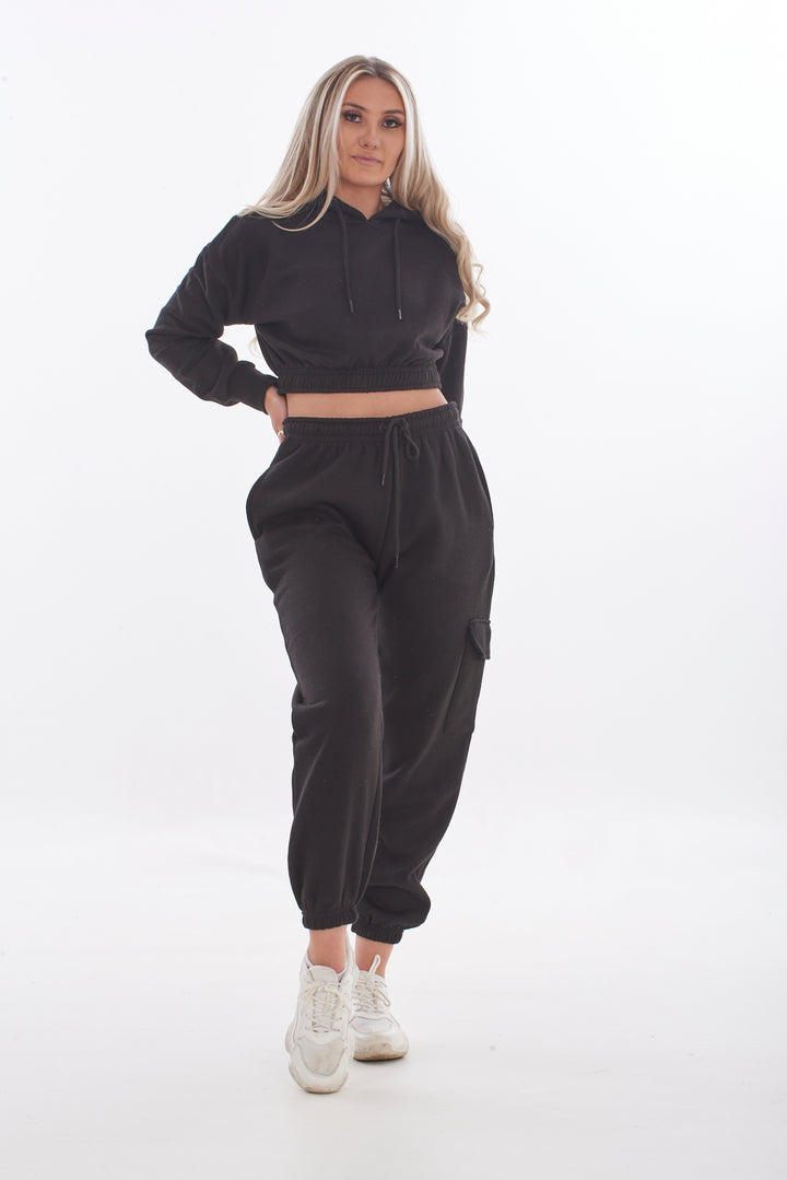 Ladies Solid Hooded Sweatshirt-Joggers Set