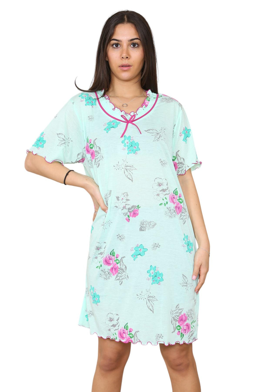 Ladies Cotton Nightdress Short Sleeve V-Neck Floral