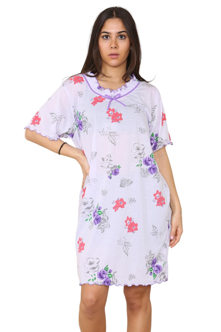 Ladies Cotton Nightdress Short Sleeve V-Neck Floral