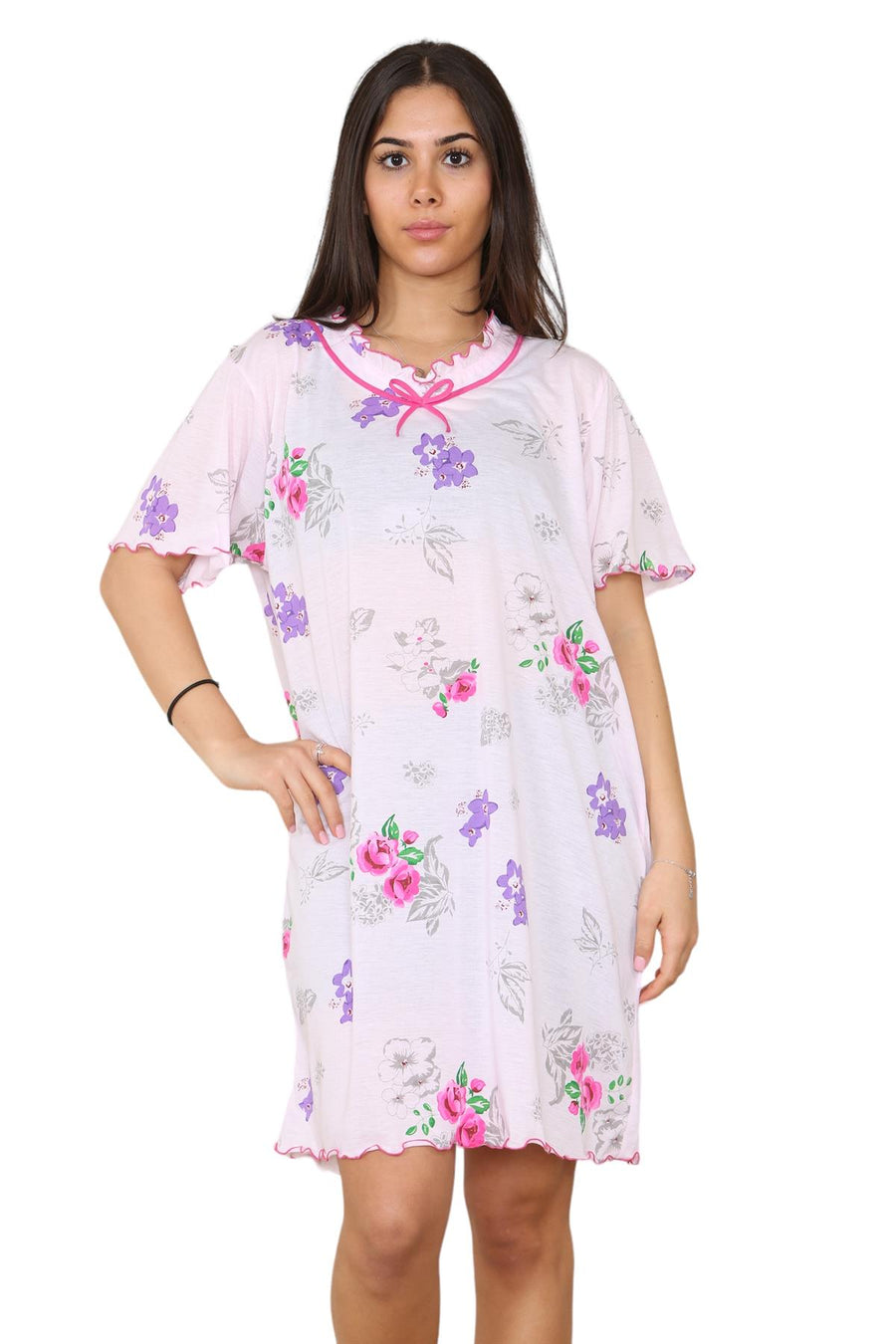 Ladies Cotton Nightdress Short Sleeve V-Neck Floral