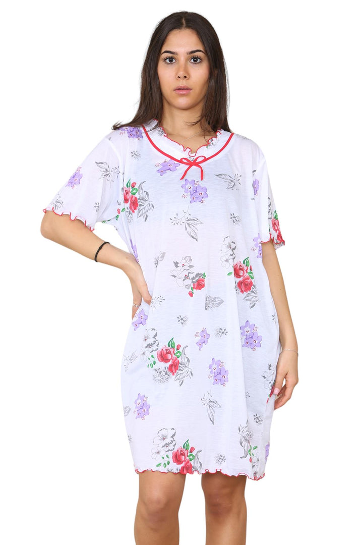Ladies Cotton Nightdress Short Sleeve V-Neck Floral