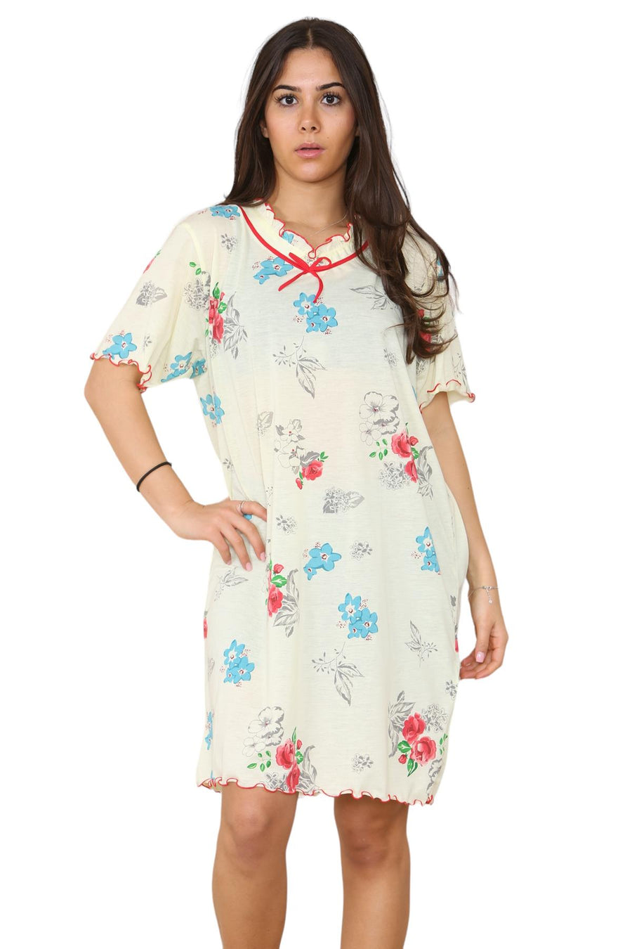 Ladies Cotton Nightdress Short Sleeve V-Neck Floral