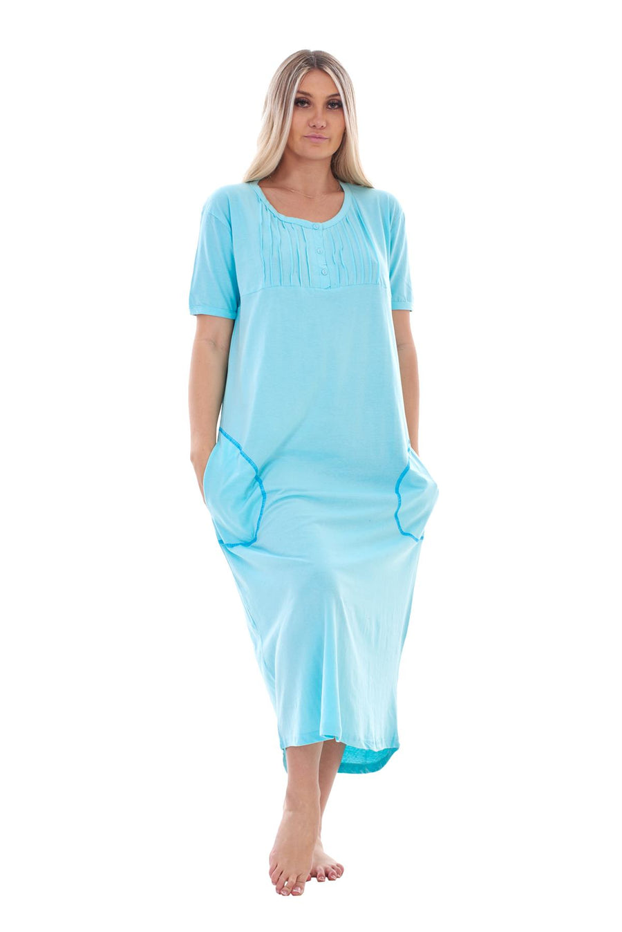 Ladies Short Sleeve Long Buttoned Cotton Nightdress