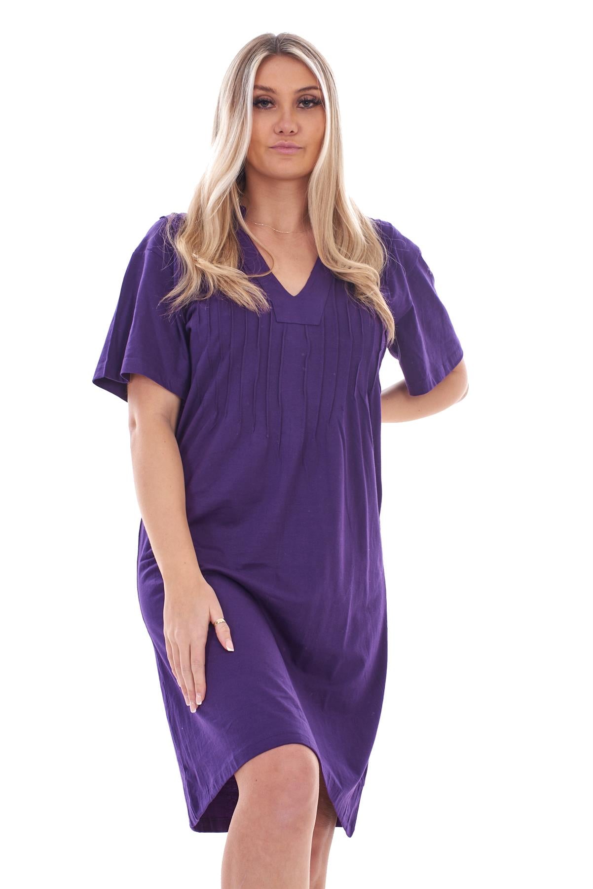 Ladies Pleated Short Sleeve Plain Cotton Nightie