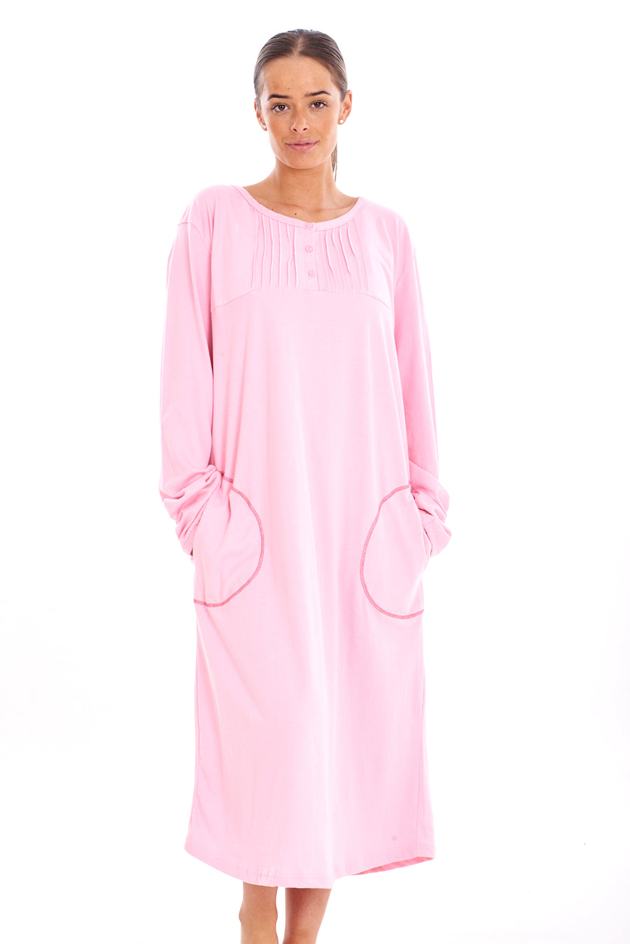 Long Sleeve Cotton Nightie Pockets