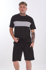 Mens Pyjama Set Shorts Cotton Jersey Round Neck Loungewear Striped T-Shirt Nightwear