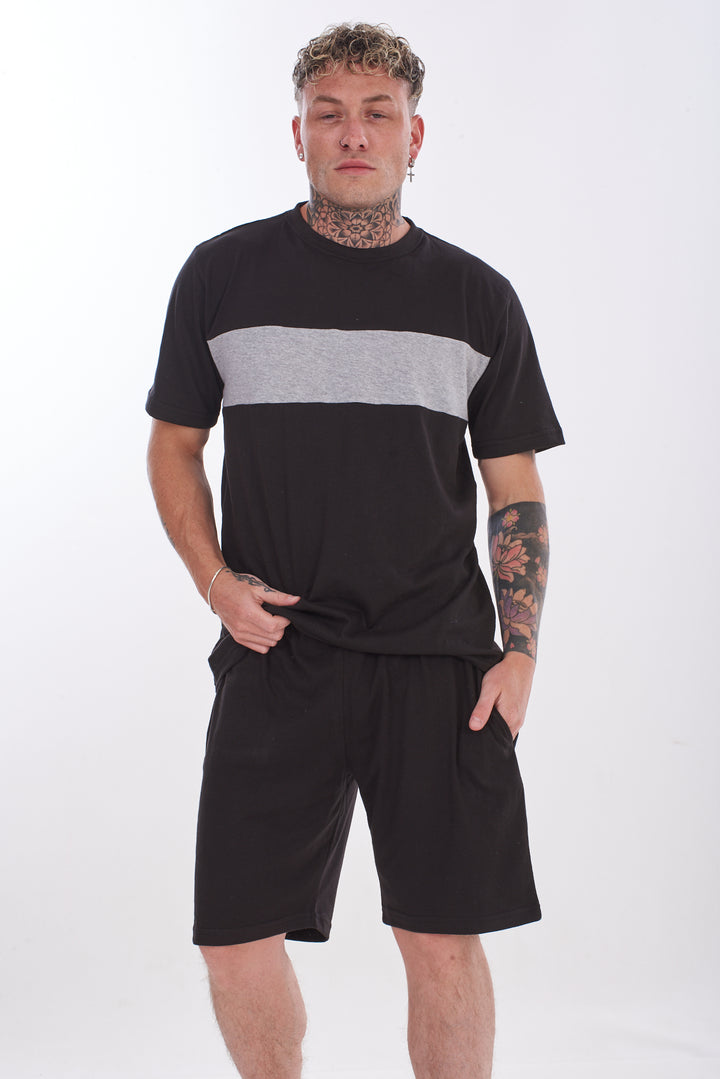 Mens Pyjama Set Shorts Cotton Jersey Round Neck Loungewear Striped T-Shirt Nightwear