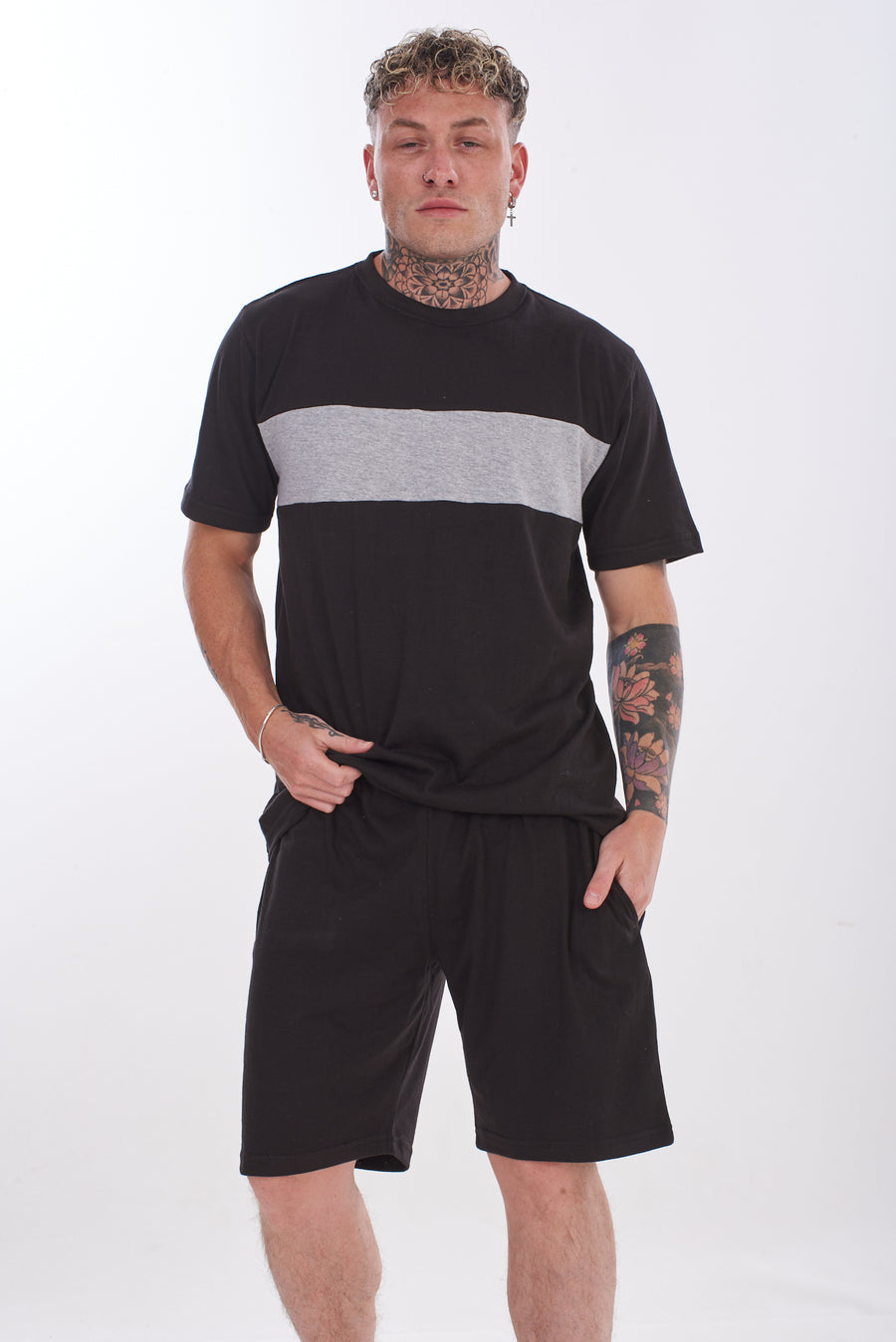 Mens Pyjama Set Shorts Cotton Jersey Round Neck Loungewear Striped T-Shirt Nightwear