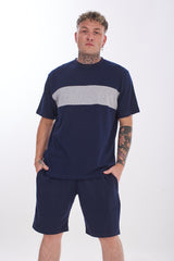 Mens Pyjama Set Shorts Cotton Jersey Round Neck Loungewear Striped T-Shirt Nightwear