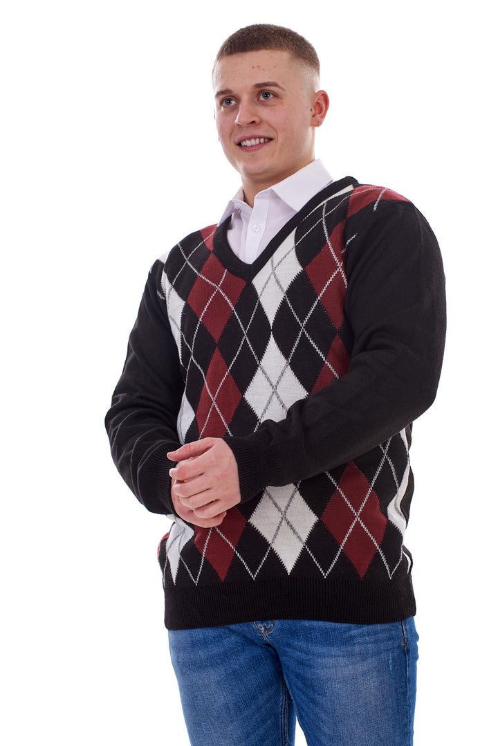 Mens Classic Knitted Sweater Argyle V Neck Jumper